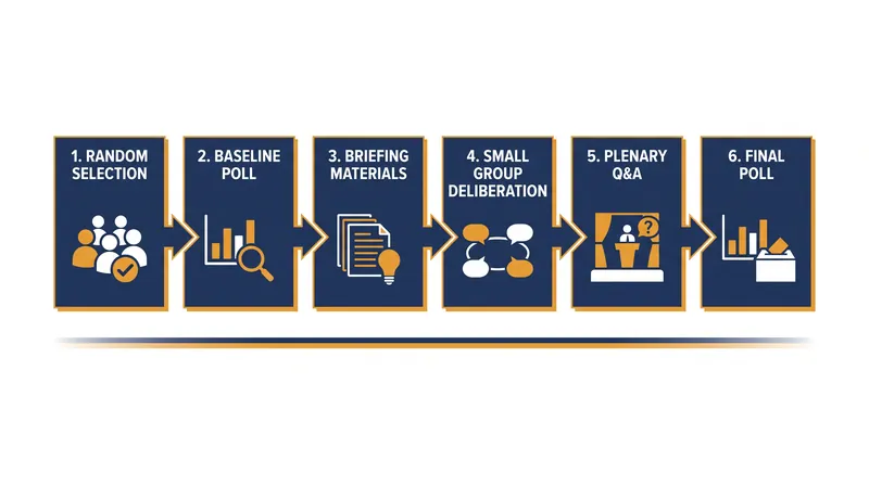 The six-step process of a standard deliberative poll.