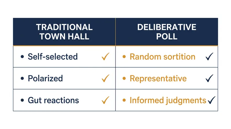 How deliberative polling solves the structural flaws of traditional public town halls.