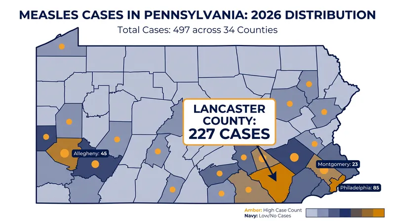 Lancaster County accounts for nearly half of Pennsylvania's 497 confirmed measles cases in 2026.