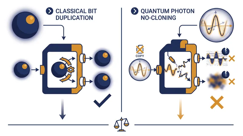 The No-Cloning Theorem ensures that any attempt to copy a quantum state irreversibly alters it.