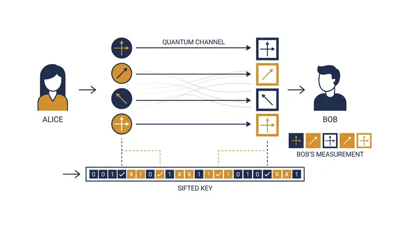 The BB84 protocol uses random polarization bases to securely transmit an encryption key.
