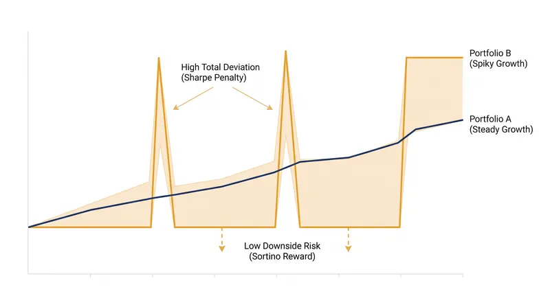 The Sharpe ratio penalizes upside volatility, while the Sortino ratio isolates only negative price swings.