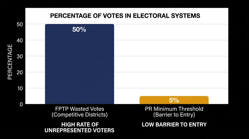 Proportional systems drastically reduce the percentage of 'wasted' votes compared to plurality models.