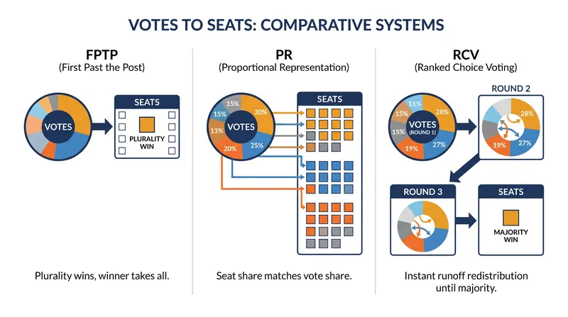 How the three dominant electoral systems translate raw votes into legislative power.