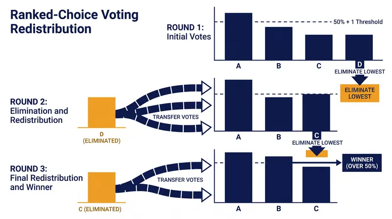 Ranked-Choice Voting redistributes ballots from eliminated candidates until a majority winner emerges.