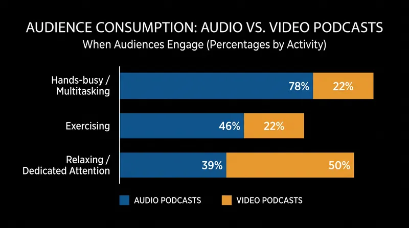 Audio dominates multitasking environments, while video captures dedicated screen time.