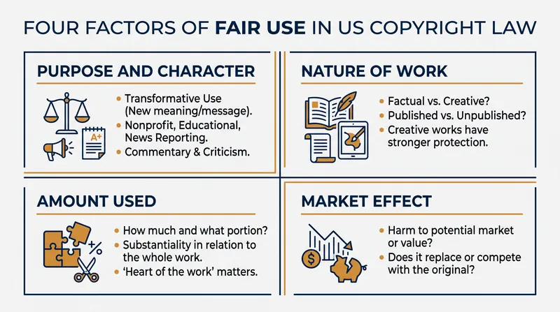 Courts evaluate fair use defenses based on four statutory factors, with a heavy emphasis on whether the new use is transformative.