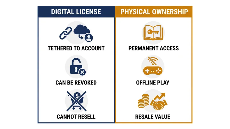 The functional differences between purchasing a digital license and buying physical media.