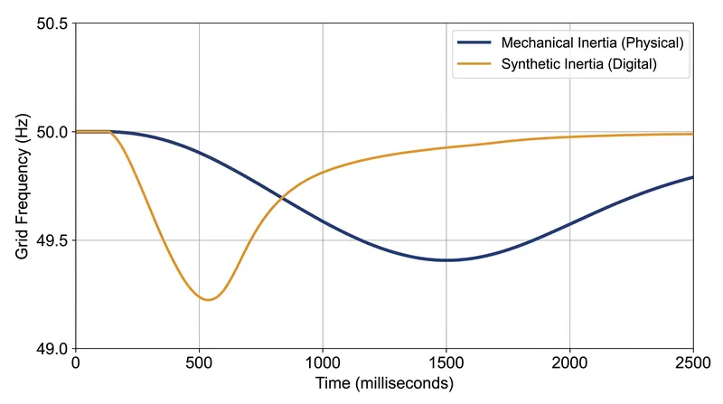 Synthetic inertia responds in milliseconds, arresting frequency drops faster than the physical mass of a steam turbine.