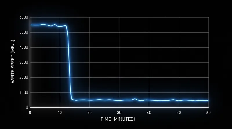 Transfer speeds plummet once a drive's high-speed SLC cache is filled during large file transfers.
