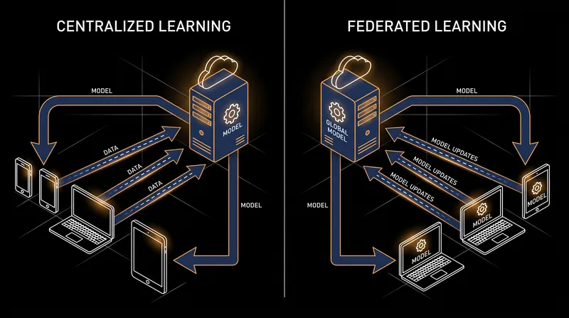 Federated learning leaves raw data on local devices, transmitting only mathematical model updates.