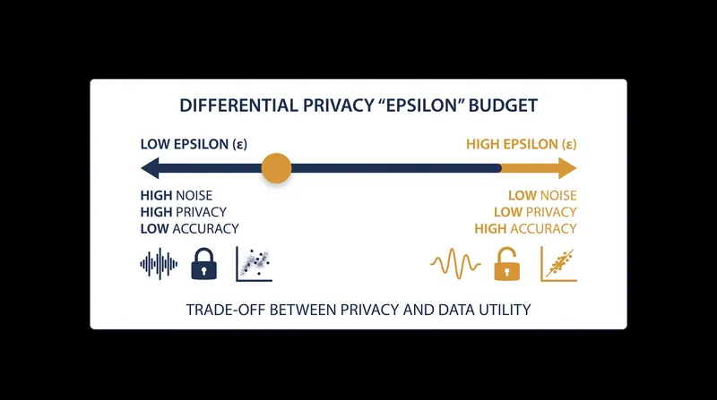 The privacy budget (epsilon) dictates the trade-off between individual anonymity and model accuracy.