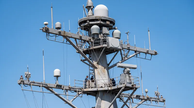 Naval vessels utilize complex antenna arrays to manage electronic support, attack, and protection simultaneously.