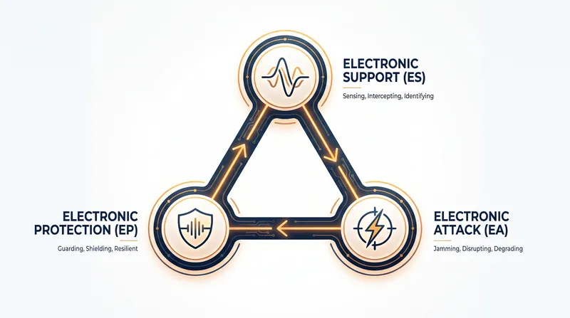 The three pillars of electronic warfare operate as a continuous, interdependent cycle.