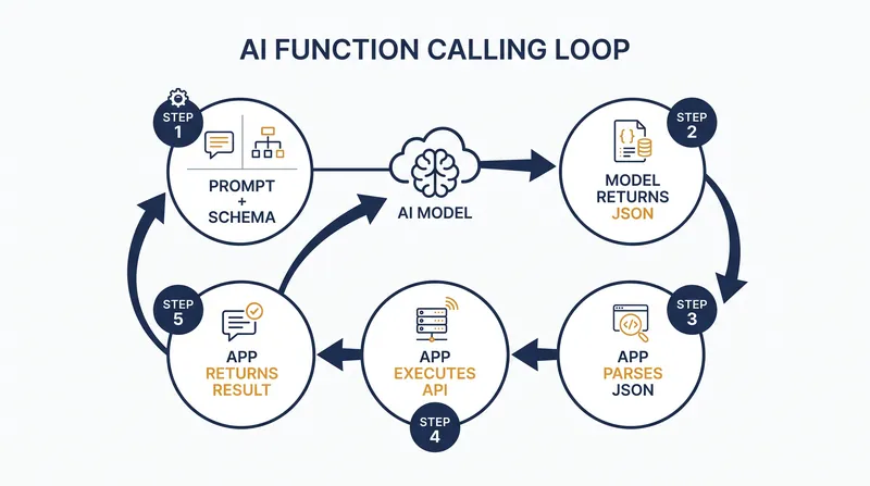 The standard five-step execution loop required for an AI model to utilize an external tool.