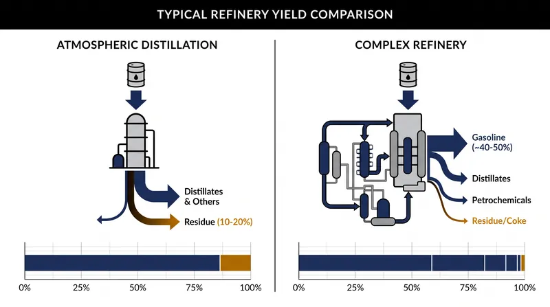 Adding cracking and coking units dramatically shifts a refinery's output profile toward high-margin transportation fuels.