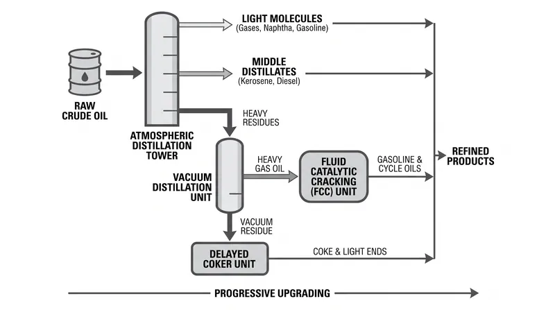 The mechanical flow of a complex refinery ensures that even the heaviest, lowest-value residues are converted into usable products.
