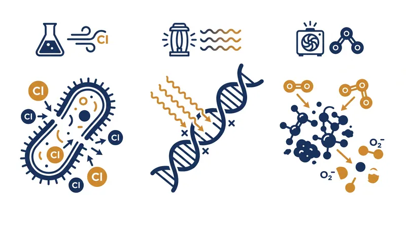 Different disinfection methods target pathogens through distinct chemical and physical mechanisms.