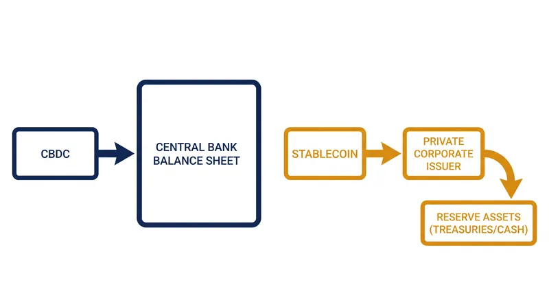 The core difference between digital currencies lies in who holds the ultimate liability for the asset.