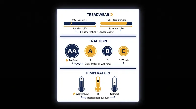The Uniform Tire Quality Grading (UTQG) system provides a standardized baseline for treadwear, wet traction, and temperature resistance.