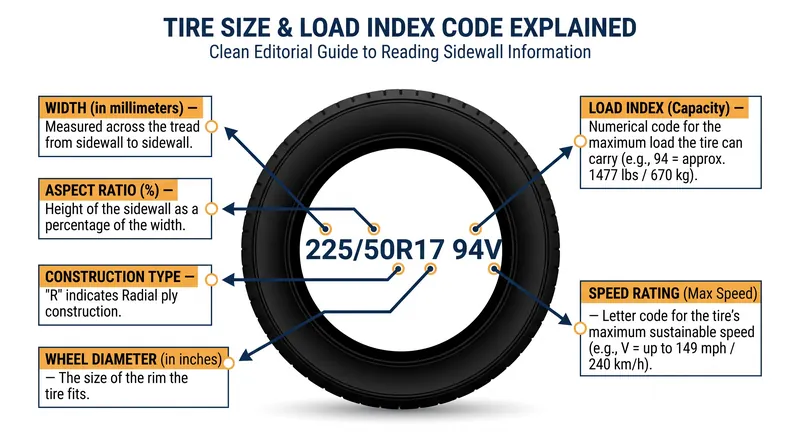 The load index and speed rating are typically located at the end of the tire size sequence, dictating weight capacity and thermal limits.