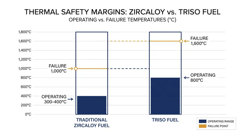 TRISO fuel can operate at significantly higher temperatures while maintaining a larger absolute safety margin before structural failure.