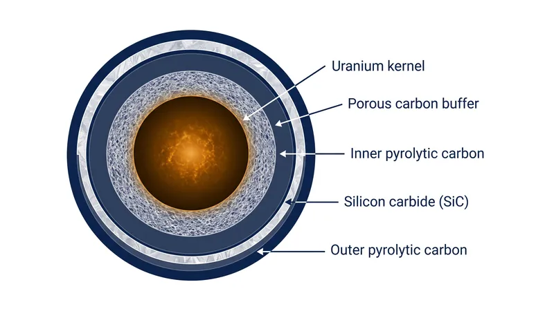 The silicon carbide layer acts as the primary pressure vessel, retaining fission products within the microscopic particle.