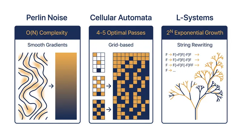 Core mechanics and optimal parameters for the three primary generation algorithms.