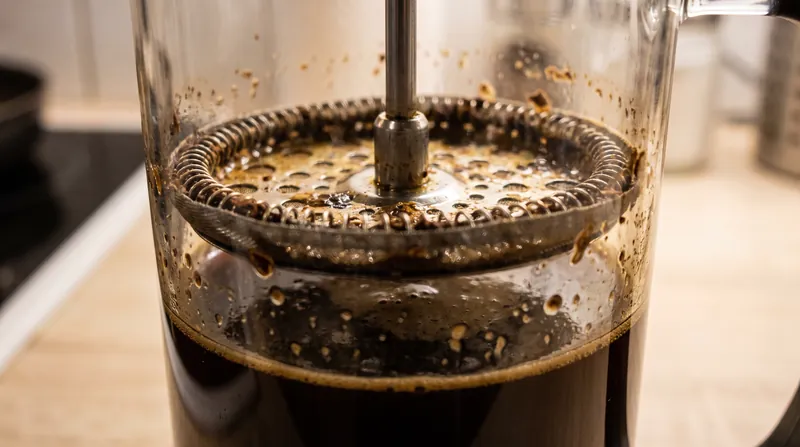 The metal mesh of a French press allows natural oils and microscopic fines to pass into the final cup, creating a heavy body.