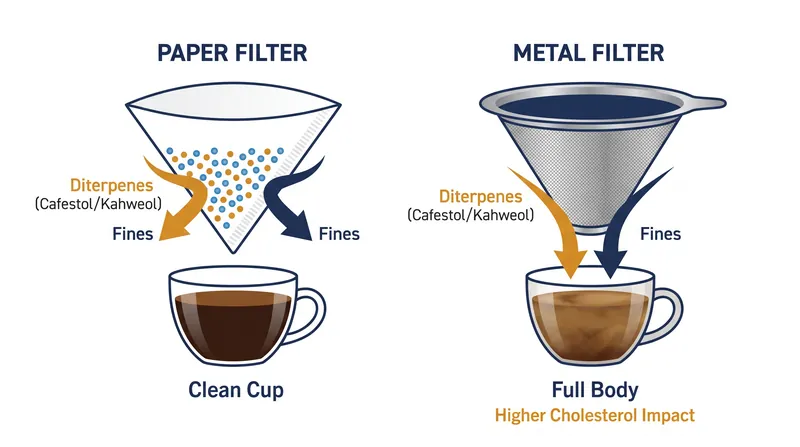 Paper filters trap cholesterol-raising diterpenes, making pour-over coffee the preferred choice for cardiovascular health.