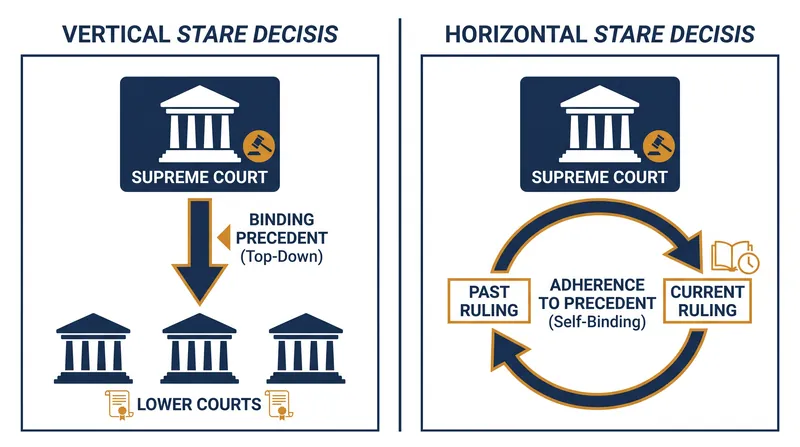 Vertical stare decisis binds lower courts, while horizontal stare decisis guides the Supreme Court's adherence to its own precedents.
