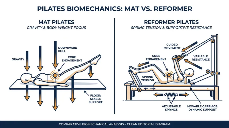 Mat Pilates relies entirely on gravity, while the Reformer alters the angle of resistance and supports limb weight.