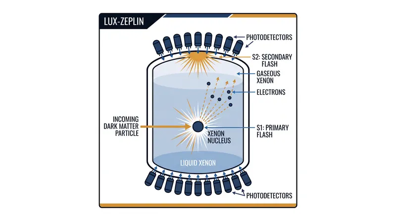 When a particle strikes a xenon nucleus, it creates a primary flash of light and a delayed secondary flash from drifting electrons.