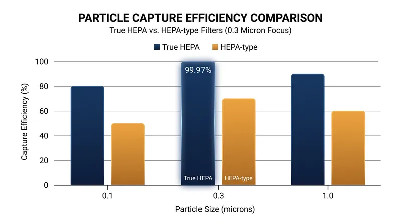 True HEPA filters are tested against 0.3-micron particles, the most difficult size to capture.