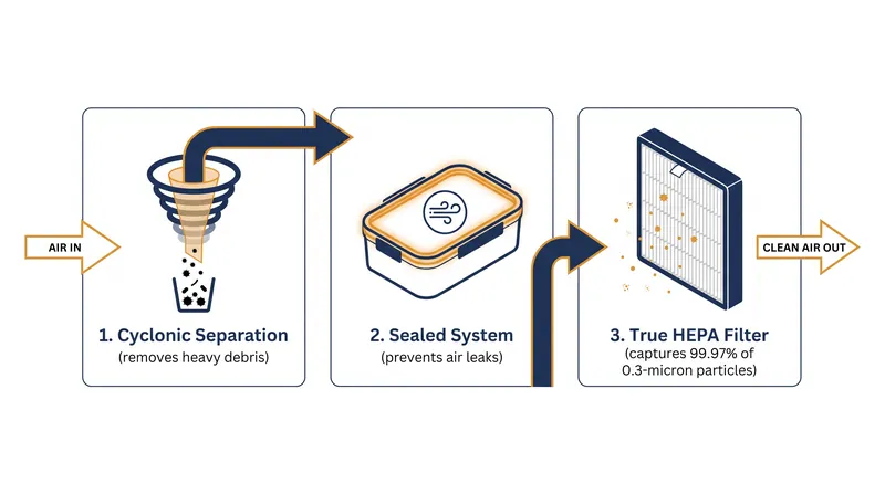 The three critical stages required for a vacuum to genuinely improve indoor air quality.