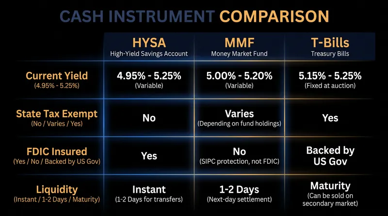 A side-by-side comparison of the mechanics behind High-Yield Savings Accounts, Money Market Funds, and Treasury Bills.