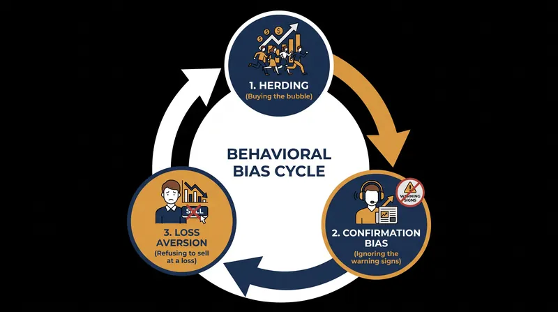 Cognitive biases compound together, trapping investors in a cycle of buying high and refusing to sell low.