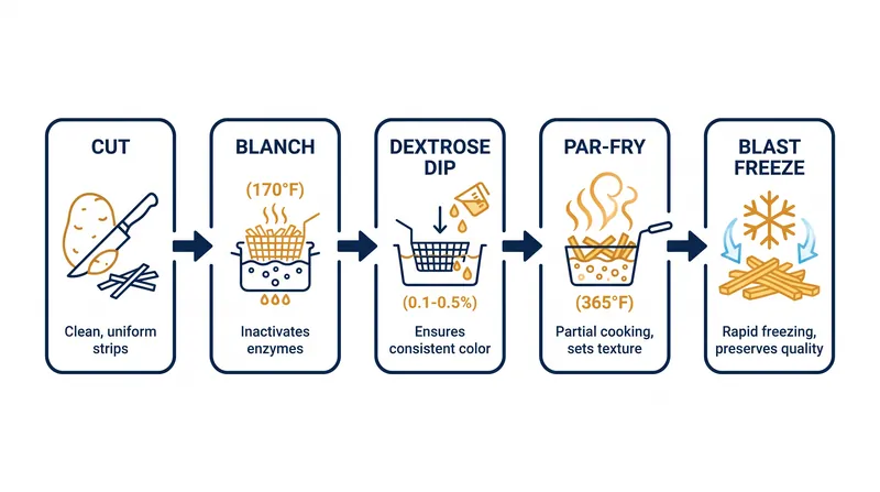 The industrial journey of a potato from raw tuber to frozen, par-fried staple.