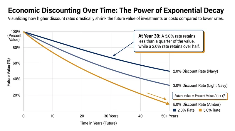 How different discount rates alter the present value of future climate damages.