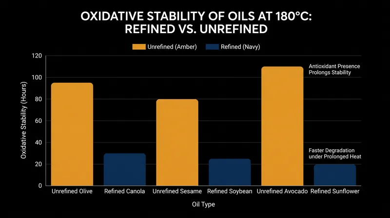 Natural antioxidants in unrefined oils act as a chemical shield, delaying oxidative degradation during heating.
