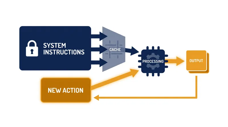 Prompt caching allows the model to remember static instructions, charging only for the new data generated in each loop.