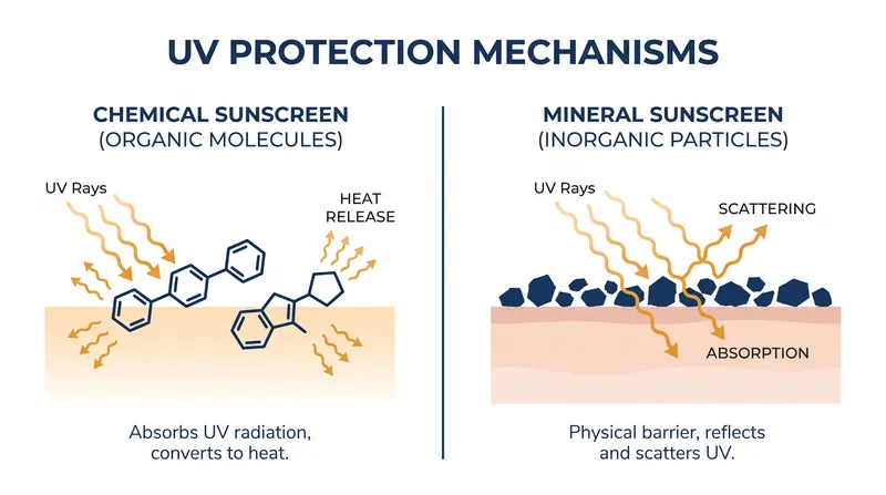 Chemical filters absorb UV rays and convert them to heat, while mineral filters sit on the surface to scatter and absorb radiation.