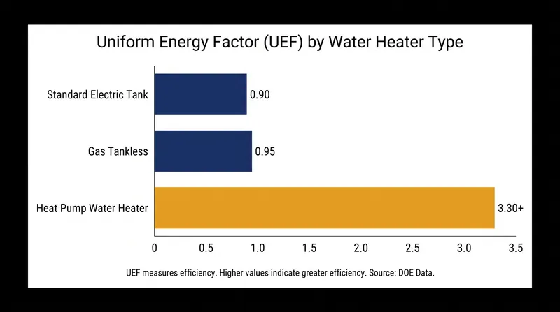 Heat pump water heaters achieve efficiencies over 300% by moving heat rather than generating it.