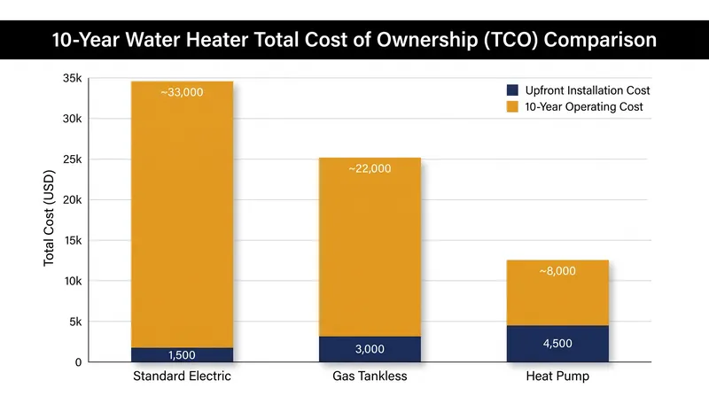 While heat pumps cost more to purchase and install, their operating efficiency results in the lowest 10-year total cost.
