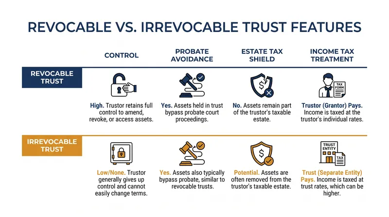The mechanical trade-offs between revocable and irrevocable trust structures.