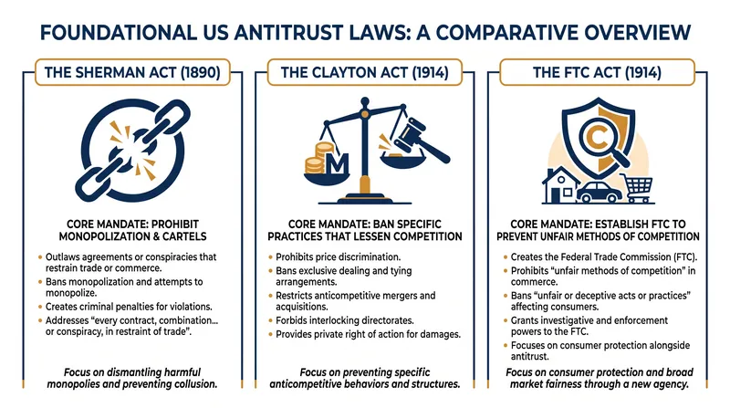 The triad of statutes that form the basis of US antitrust enforcement.
