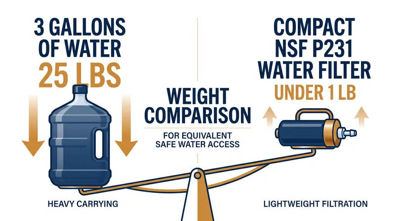 Active filtration significantly reduces the physical burden of a 72-hour kit compared to static water storage.
