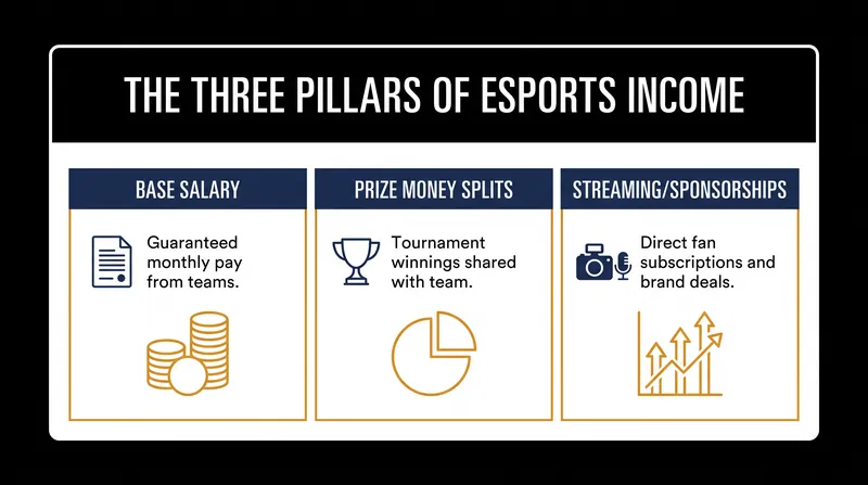 The three primary revenue streams that sustain a professional gaming career.