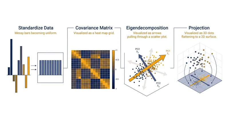 The four mathematical steps required to transform raw variables into principal components.