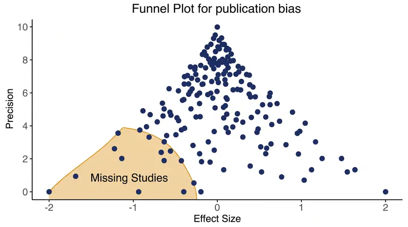 An asymmetrical funnel plot reveals the 'file drawer problem'—missing small studies with negative results.